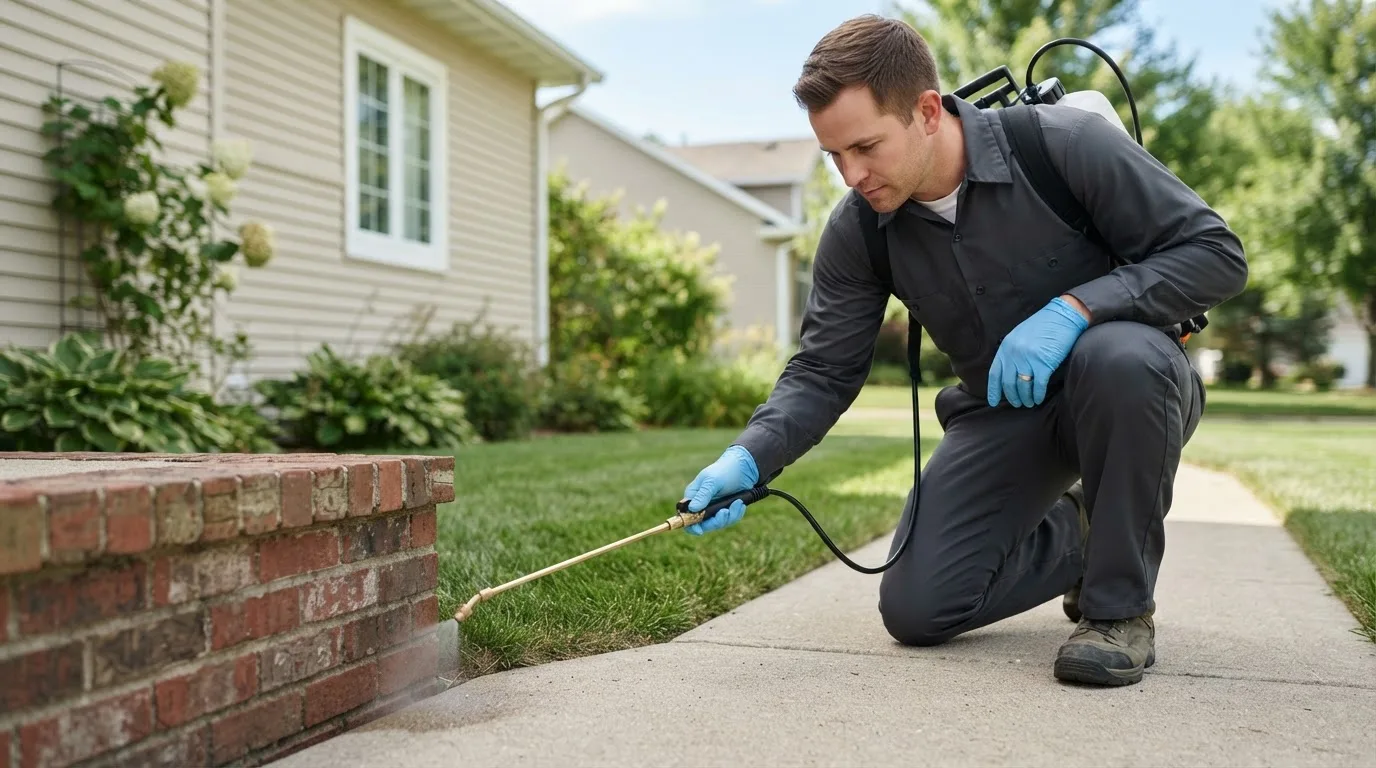Pest control technician treating a home near Mountain City, GA